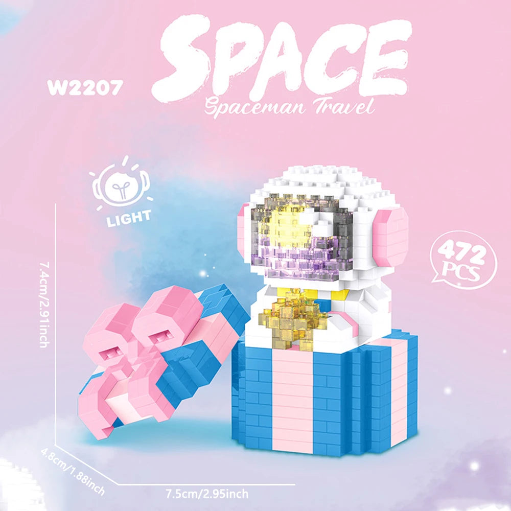 A white astronaut figure built from LEGO-style blocks, featuring a purple helmet and gold accents, standing on a blue base.