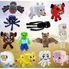 A collection of Minecraft-inspired soft plush dolls including Steve, Creeper, and various monster figures.