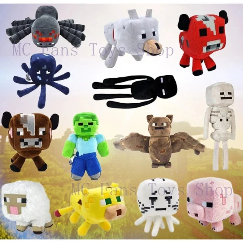 A collection of Minecraft-inspired soft plush dolls including Steve, Creeper, and various monster figures.
