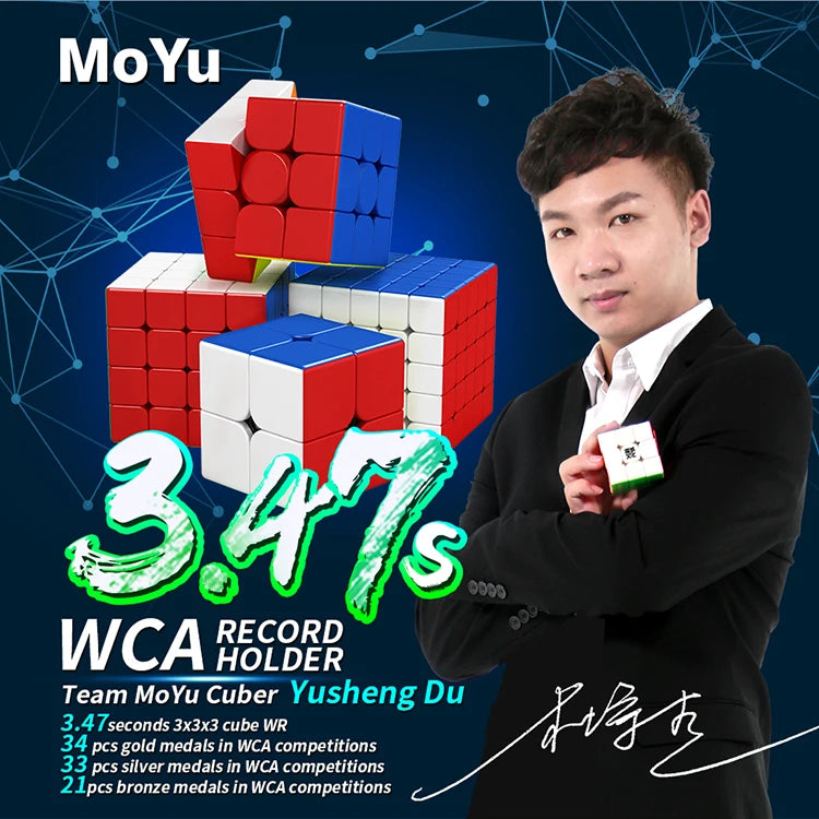 A photo of a man holding a MoYu cube set with various medals and records displayed in the background.