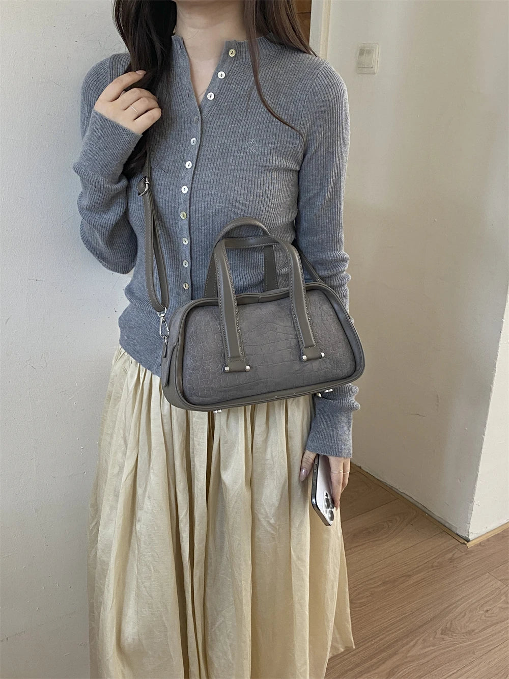 Vintage Croc-Embossed Mini Boston Bag with Dual Straps