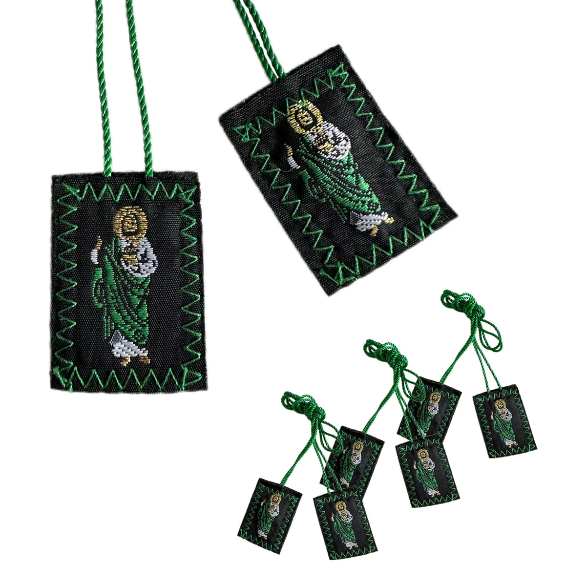Set of three green scapular necklaces featuring Saint Jude and Our Lady of Guadalupe figures