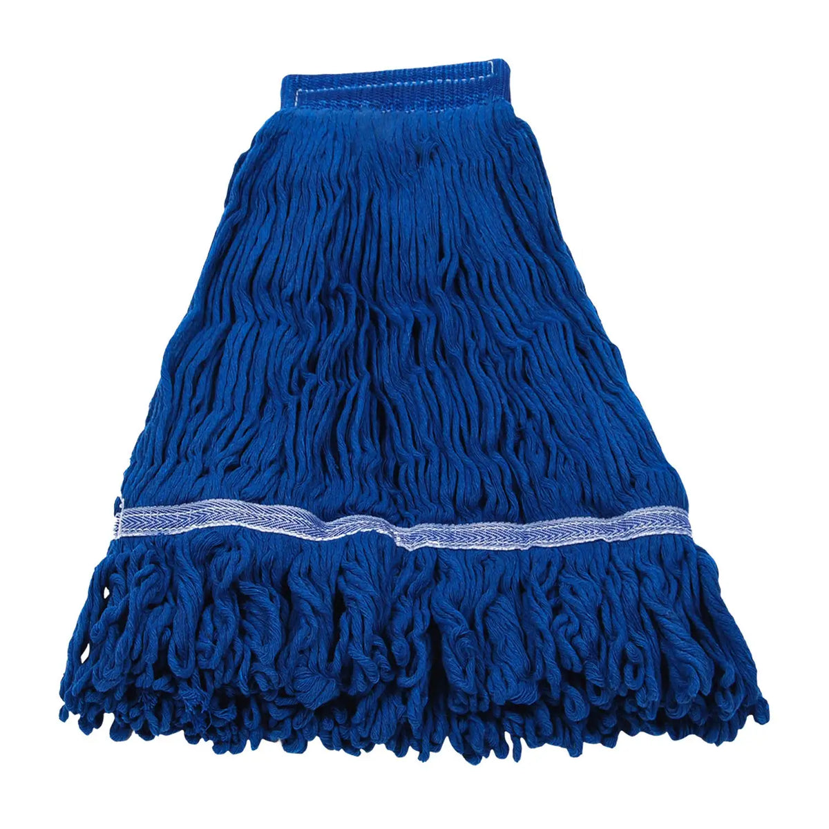 A bright blue heavy-duty cotton string mop head replacement with thick fringe.