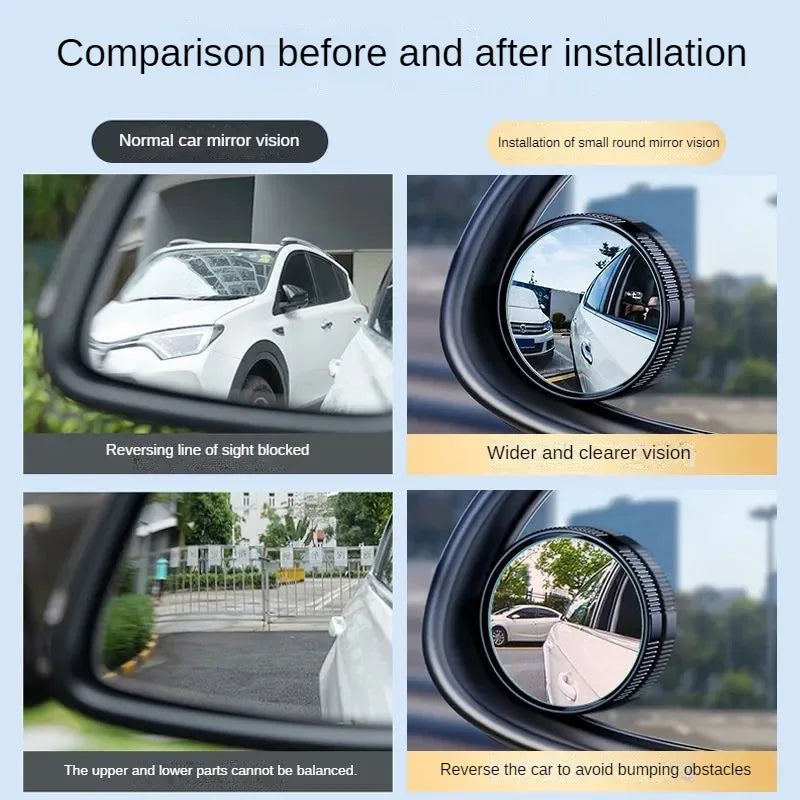 Comparison showing before and after installation of a small round mirror vision for a car rearview mirror