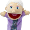 A soft hand puppet with a white fluffy head and purple sleeve, featuring a movable mouth for children.