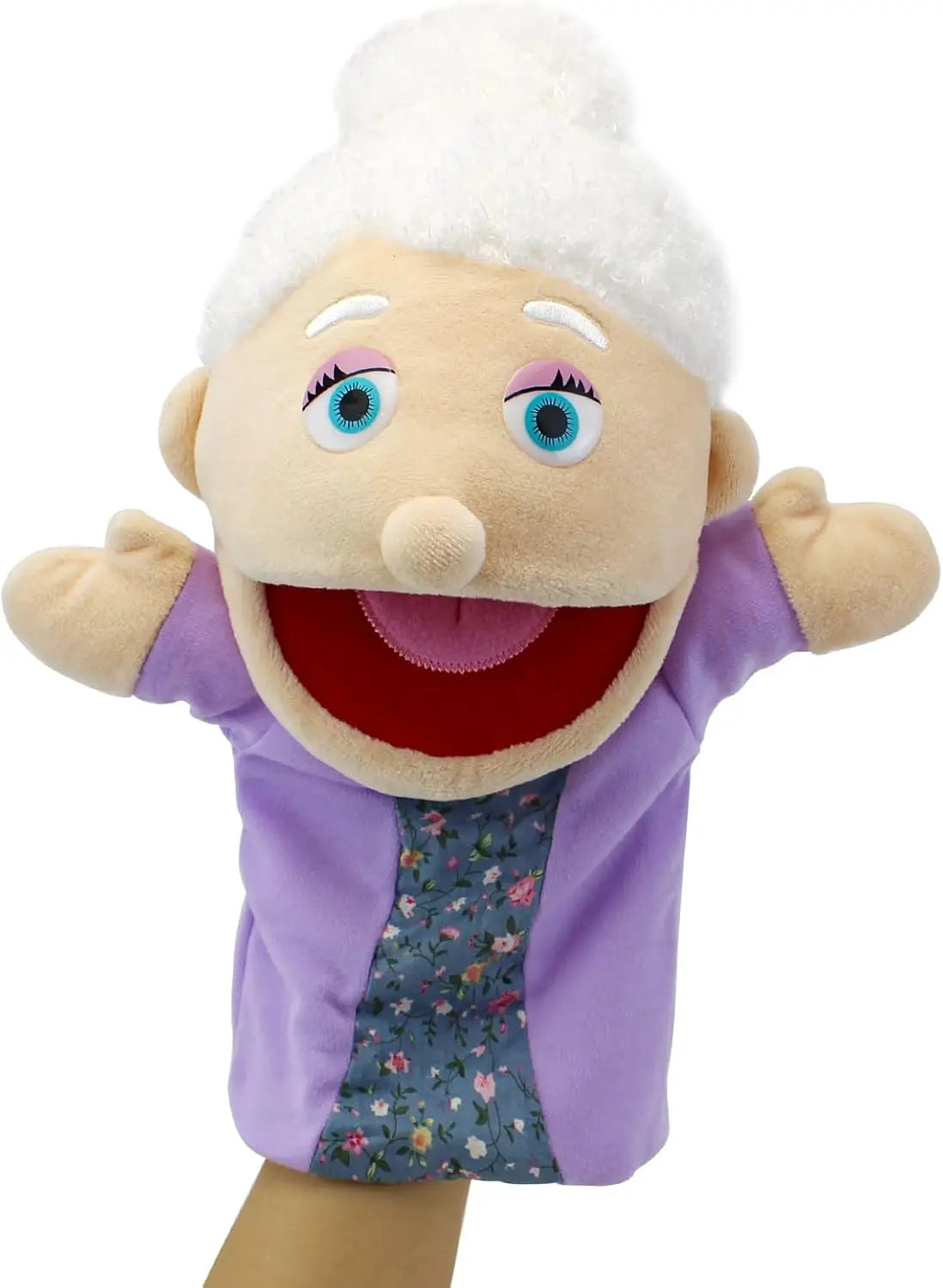 A soft hand puppet with a white fluffy head and purple sleeve, featuring a movable mouth for children.