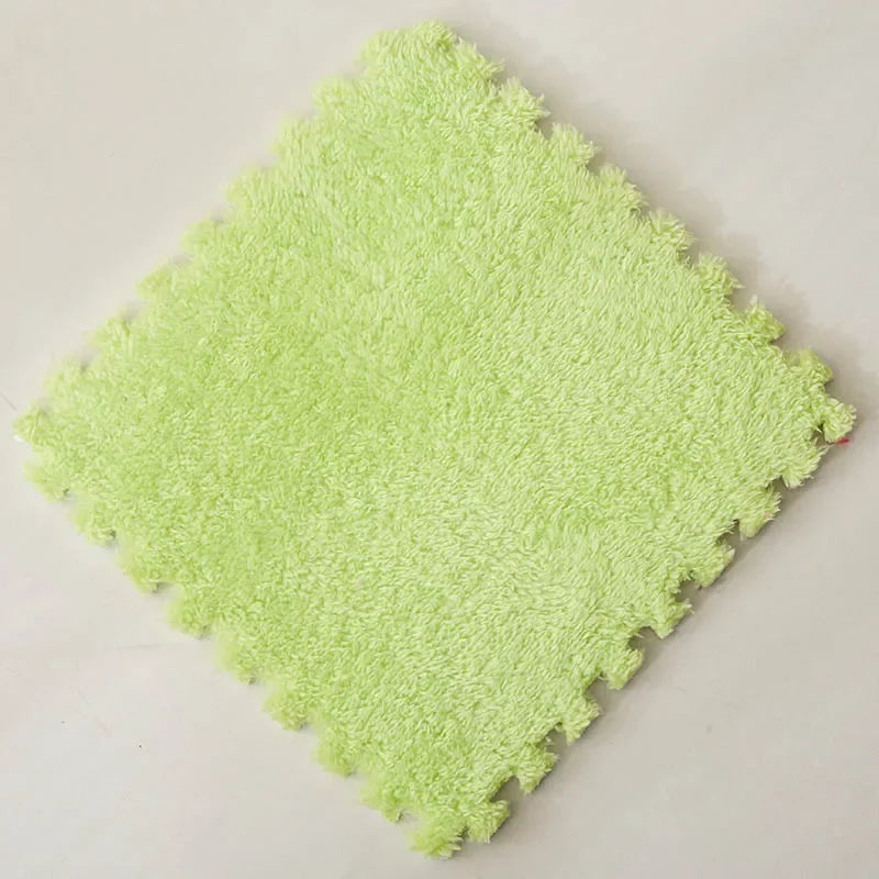 A square piece of bright lime green soft plush interlocking floor tile.