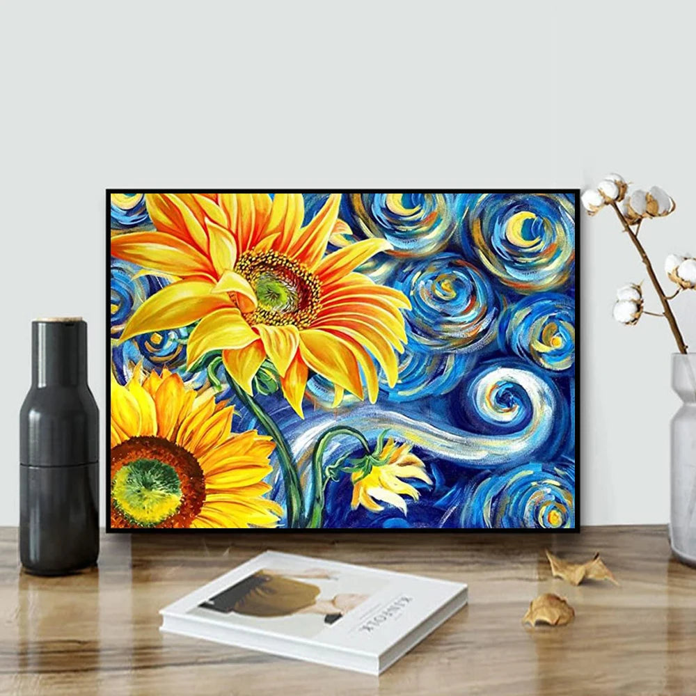 A vibrant diamond painting kit featuring a sunflower and starry night blue floral design.
