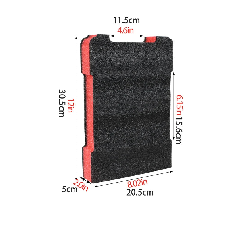 A black foam insert with red trim, measuring 11.5cm by 20.5cm and 6.15cm thick.