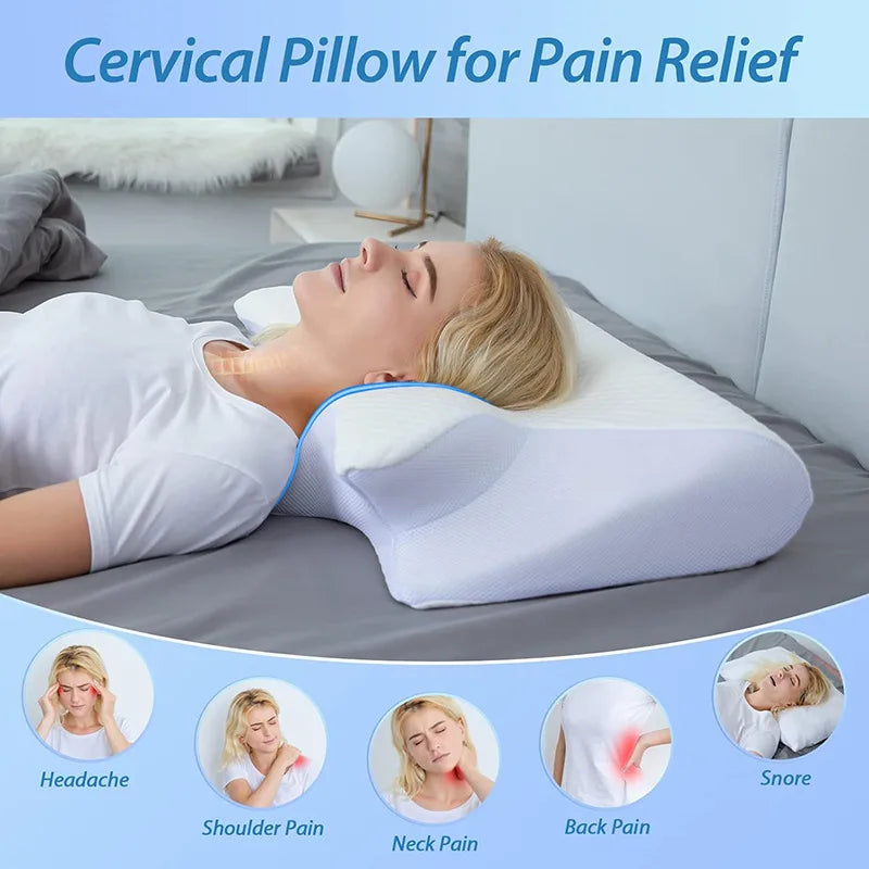 Almohada cervical de espuma viscoelástica blanca usada para aliviar el dolor en el cuello y hombro.