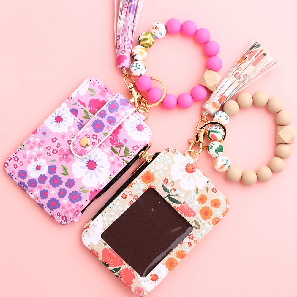 Floral Print PU Leather Wristlet Wallet with Card Holder