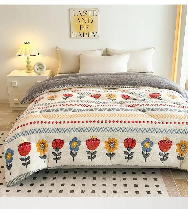A white and gray plush throw blanket with a floral pattern is displayed on a bed.