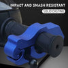 A close-up of a blue impact and smash resistant solid casting motorcycle handlebar brake lock device.