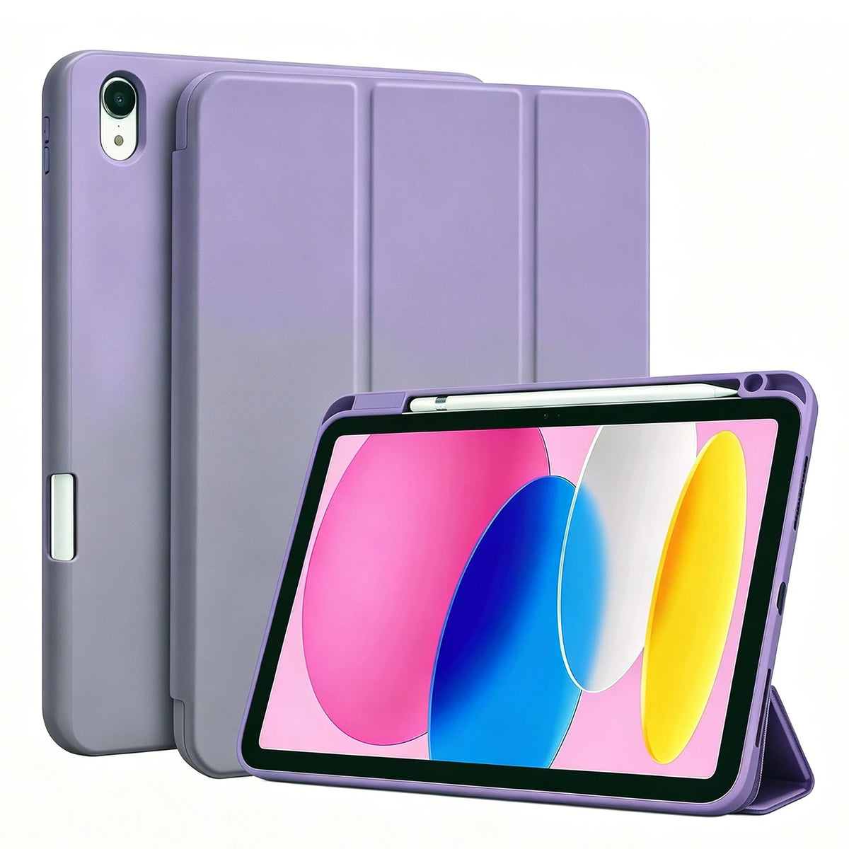 A purple magnetic flip tablet case shown alongside a tablet, with a pencil holder visible.