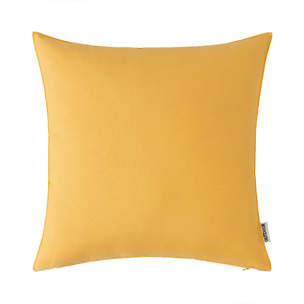 A square, mustard yellow linen-textured cushion cover or pillow.