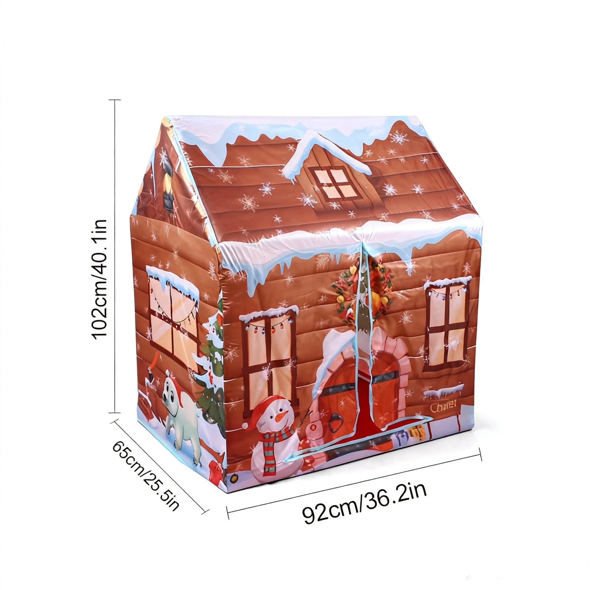 A brown wooden play castle tent with a pitched roof and windows decorated with snow and festive elements.