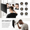 A man uses a 360° trifold LED mirror to view his haircut while getting a DIY haircut.