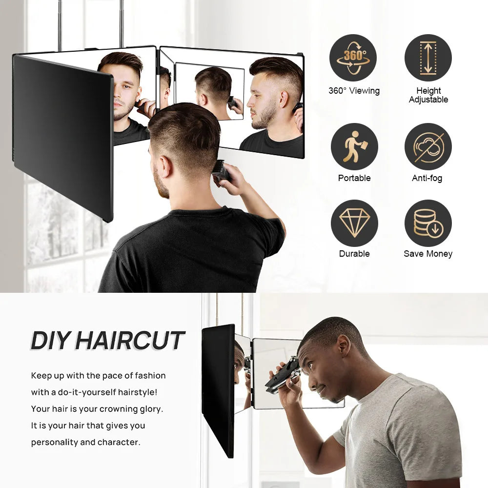 A man uses a 360° trifold LED mirror to view his haircut while getting a DIY haircut.