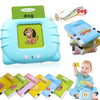 A blue electronic toy featuring a dog character and flash cards for toddlers.