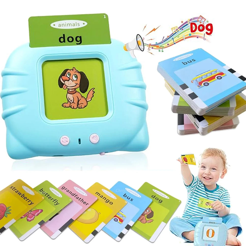 A blue electronic toy featuring a dog character and flash cards for toddlers.
