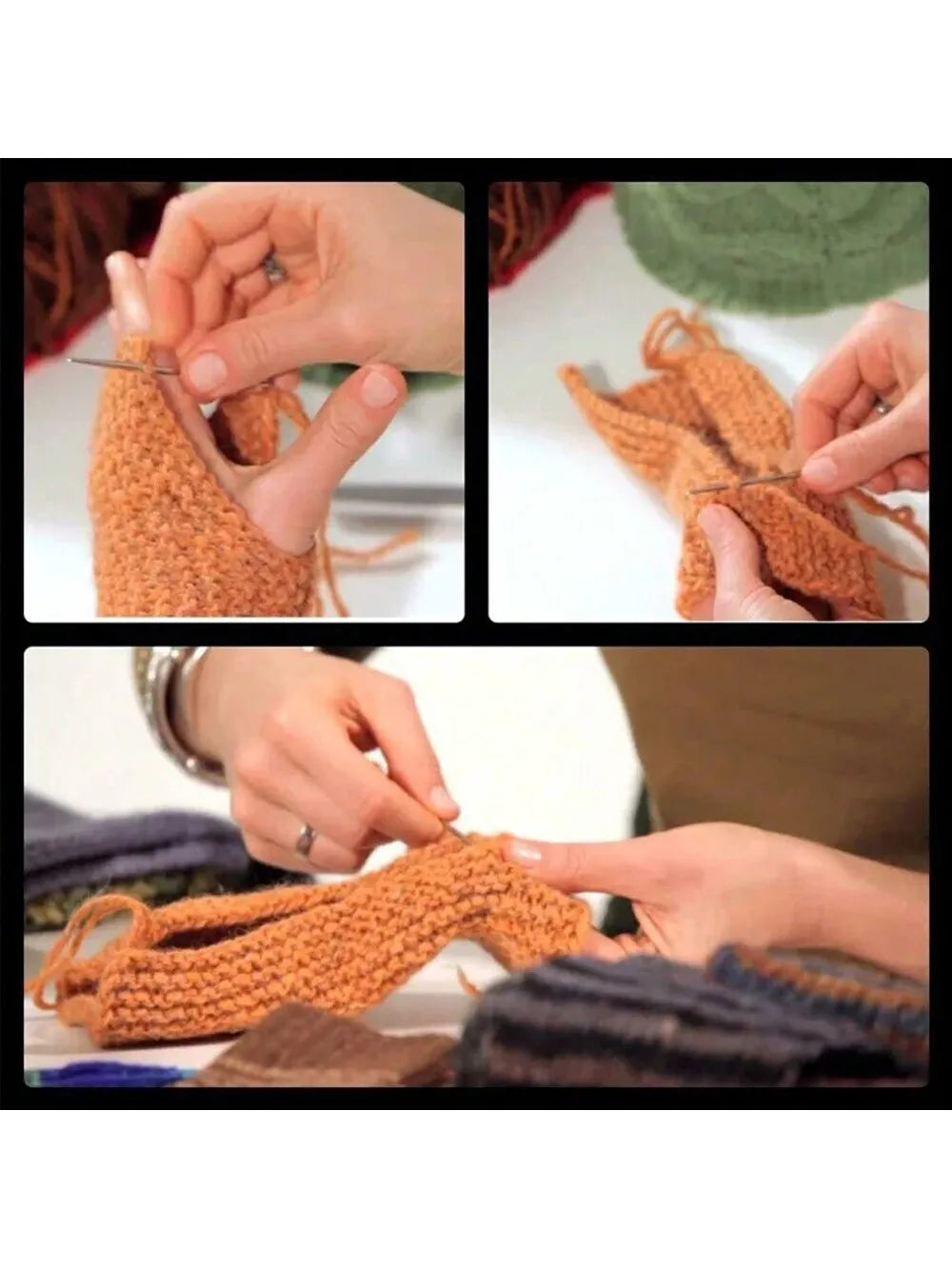 Hands demonstrate using heavy-duty waxed nylon thread for sewing and repairs on a knitted fabric.