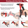 A hand holds a red manual rivet gun with interchangeable heads, demonstrating its use for riveting.