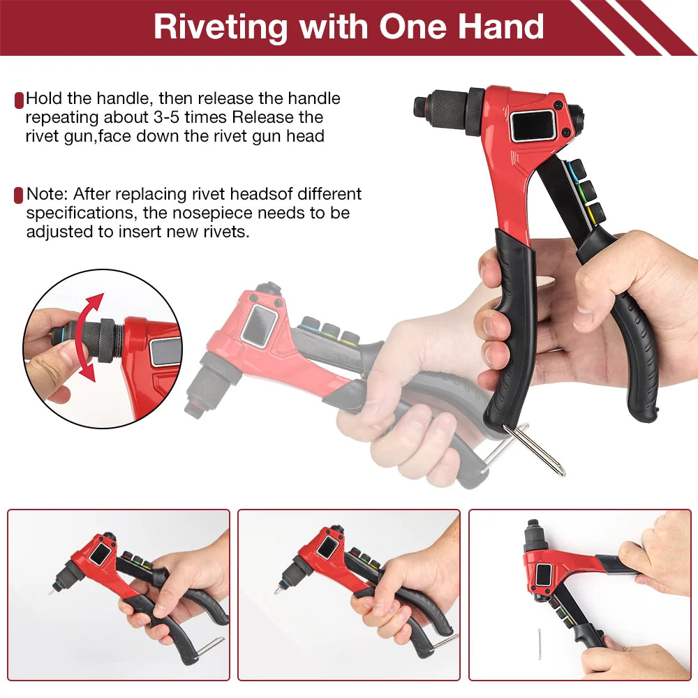 A hand holds a red manual rivet gun with interchangeable heads, demonstrating its use for riveting.