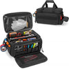 Black heavy duty tool bag with a non-slip base and multipurpose organization features a padded interior and carrying straps