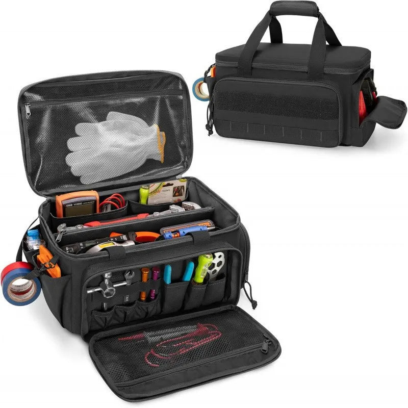 Black heavy duty tool bag with a non-slip base and multipurpose organization features a padded interior and carrying straps