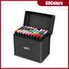 A black box containing 60 alcohol art markers with various colors, shown from above.