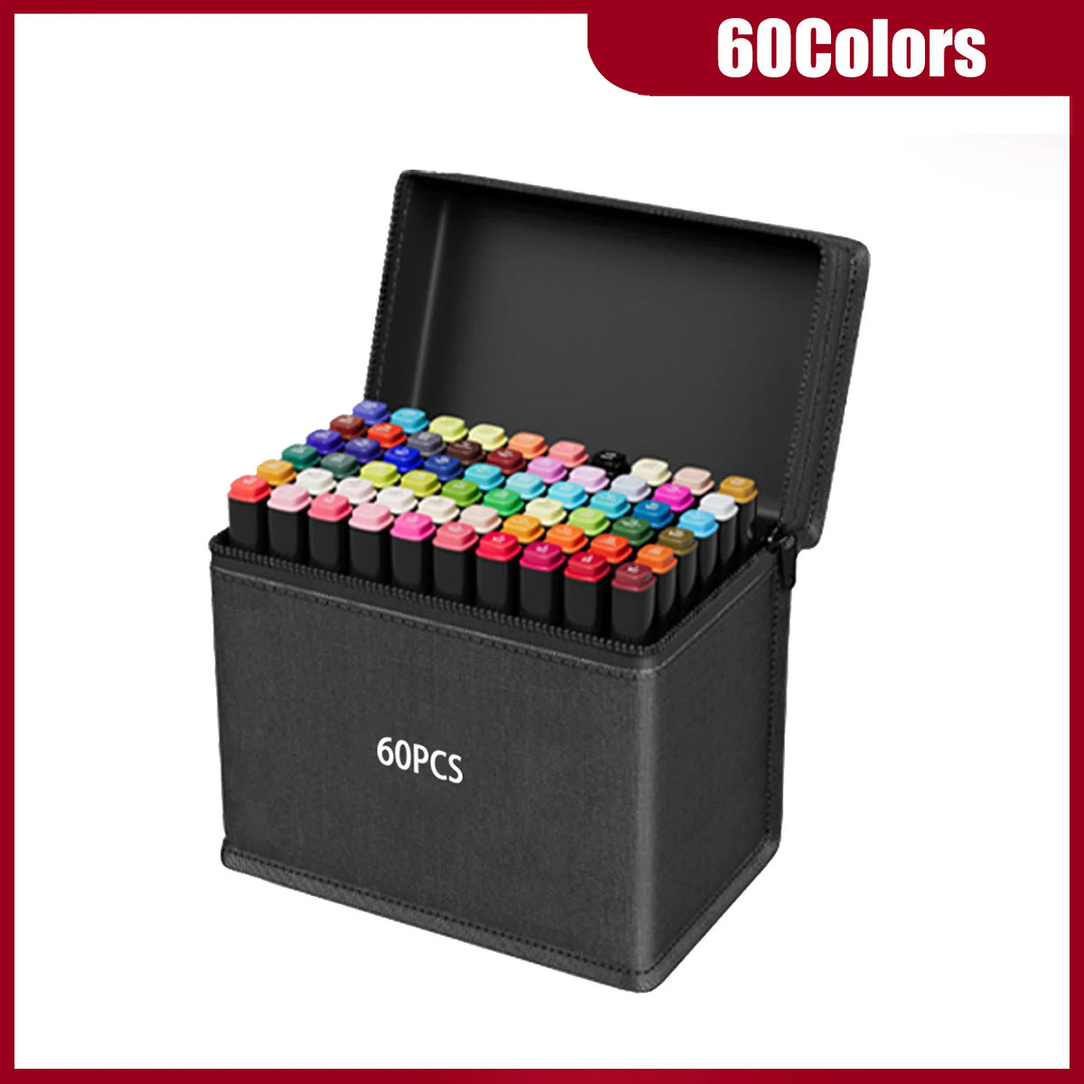 A black box containing 60 alcohol art markers with various colors, shown from above.