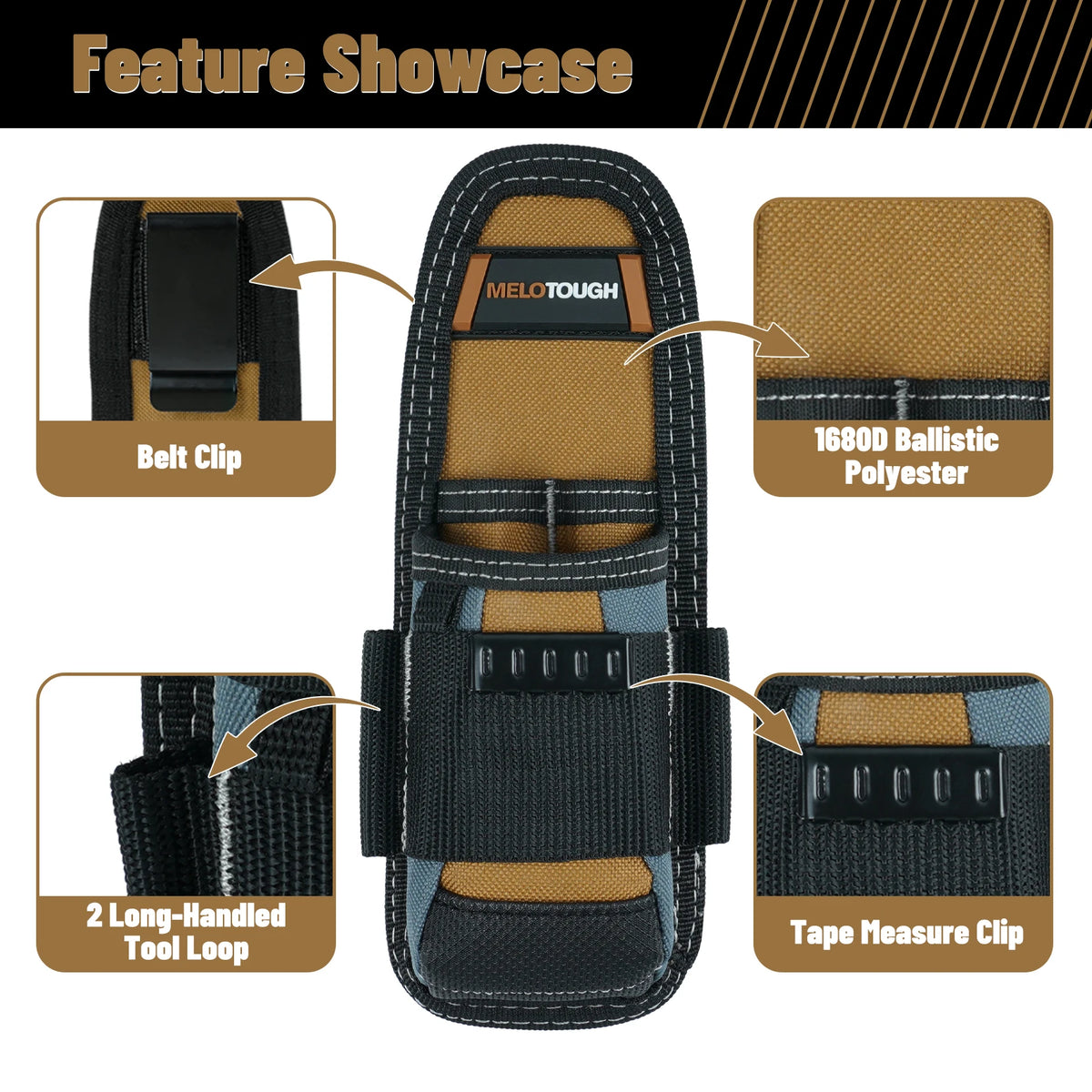 Feature showcase of a black and tan compact clip-on tool pouch with belt clip, tool loops, and tape measure clip.