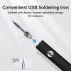 A black cordless USB soldering iron pen with a round tip is shown next to a diagram illustrating its use.