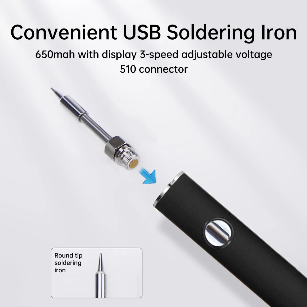 A black cordless USB soldering iron pen with a round tip is shown next to a diagram illustrating its use.