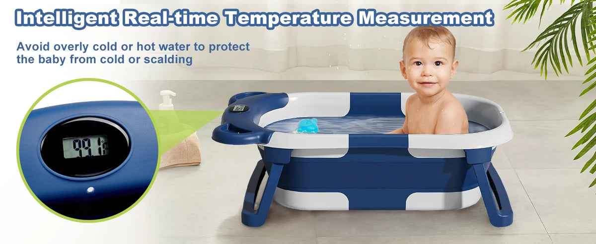 Collapsible Baby Bathtub with Thermometer and Floating Cushion