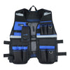 Black and gray reflective tool vest with multiple pockets and a phone holder