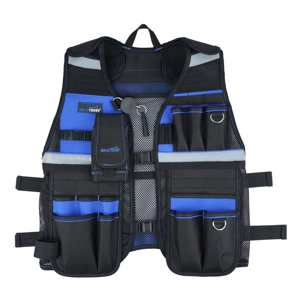 Black and gray reflective tool vest with multiple pockets and a phone holder