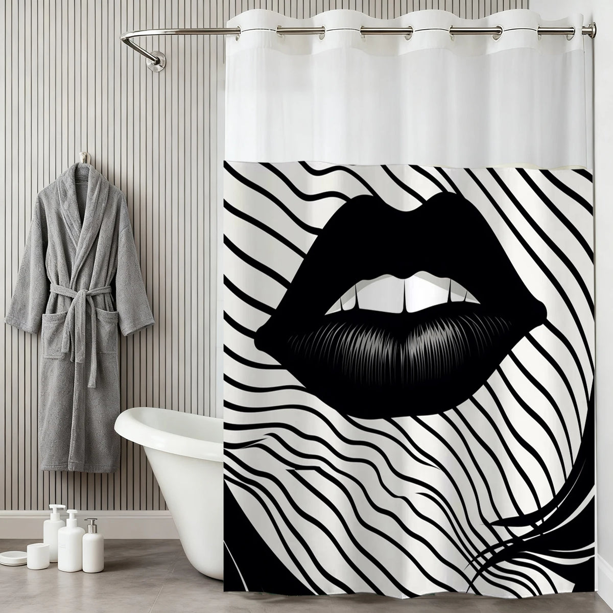 A modern waffle-weave shower curtain featuring a black and white striped pattern hanging in a bathroom.