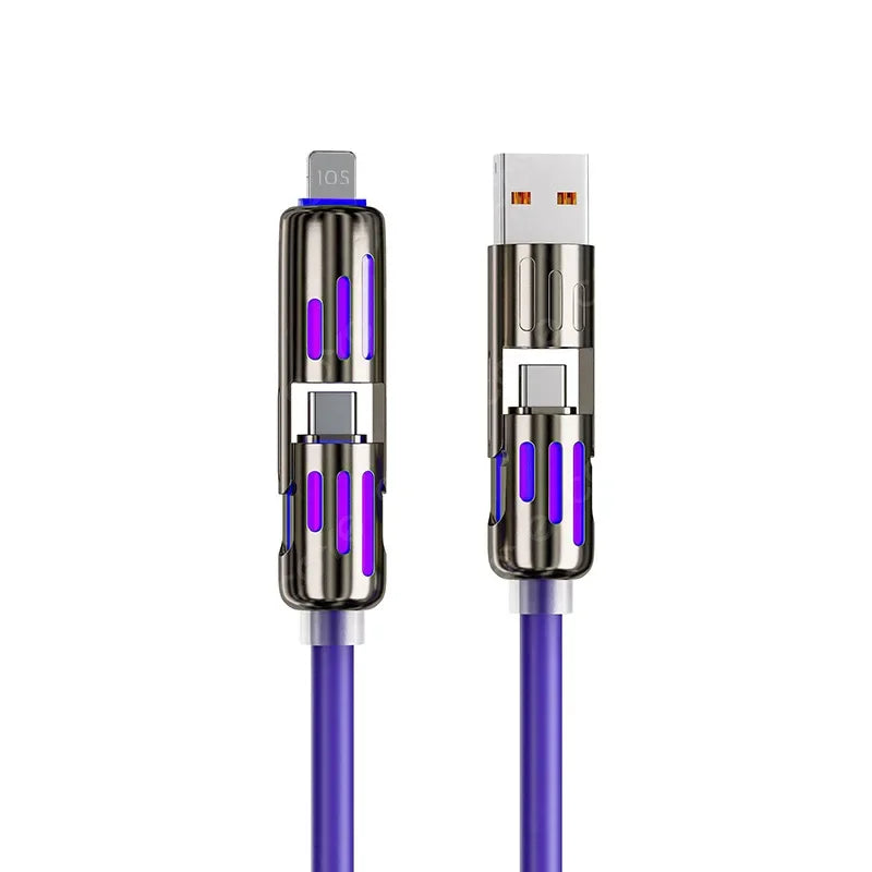A multi USB-C cable featuring two connectors, one for fast charging and data sync, with purple and silver accents.