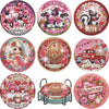A set of DIY diamond art coasters featuring various Valentine's Day themes and designs on a metal stand.