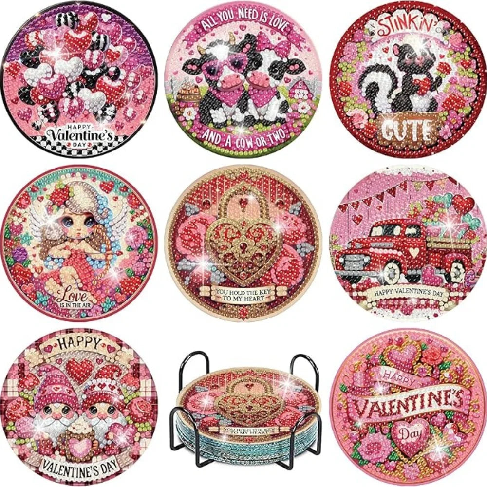 A set of DIY diamond art coasters featuring various Valentine's Day themes and designs on a metal stand.