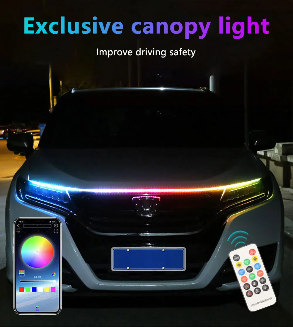 An RGB LED canopy light strip installed on a car hood, with a smartphone and remote control nearby.