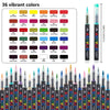 A set of 36 vibrant acrylic markers in various colors arranged in a grid.