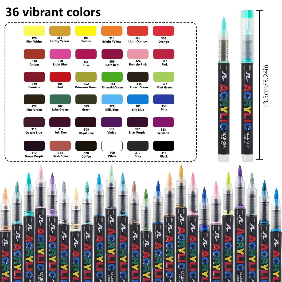 A set of 36 vibrant acrylic markers in various colors arranged in a grid.