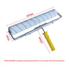 A paint roller with a blue and white fuzzy cover and an aluminum alloy handle is shown with dimension markings.