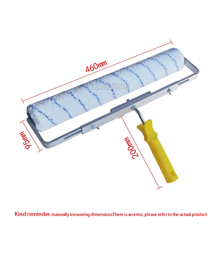 A paint roller with a blue and white fuzzy cover and an aluminum alloy handle is shown with dimension markings.