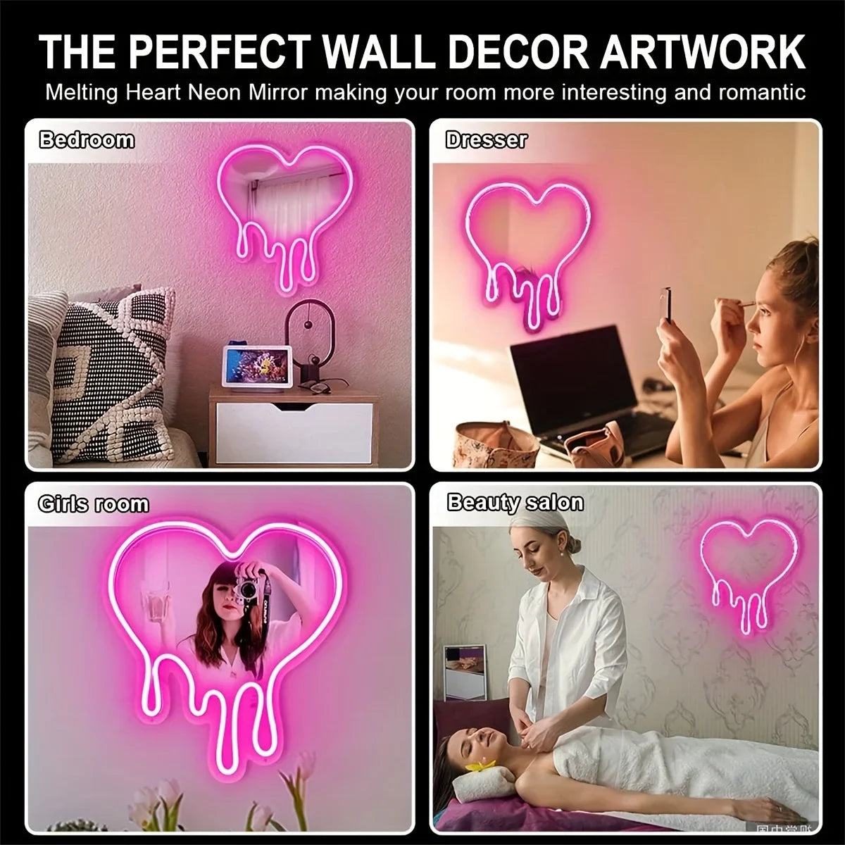 Neon heart wall decor signs in pink and purple glow for bedroom, dresser, girls room, and beauty salon