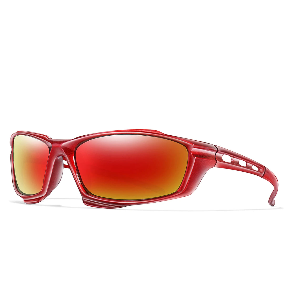 A pair of red polarized sports sunglasses with orange-tinted lenses and a reddish frame.