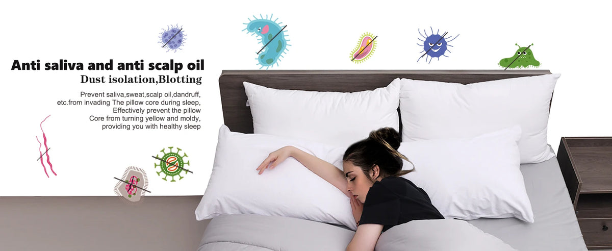 Diagram illustrating anti saliva and anti scalp oil protection methods for pillows.