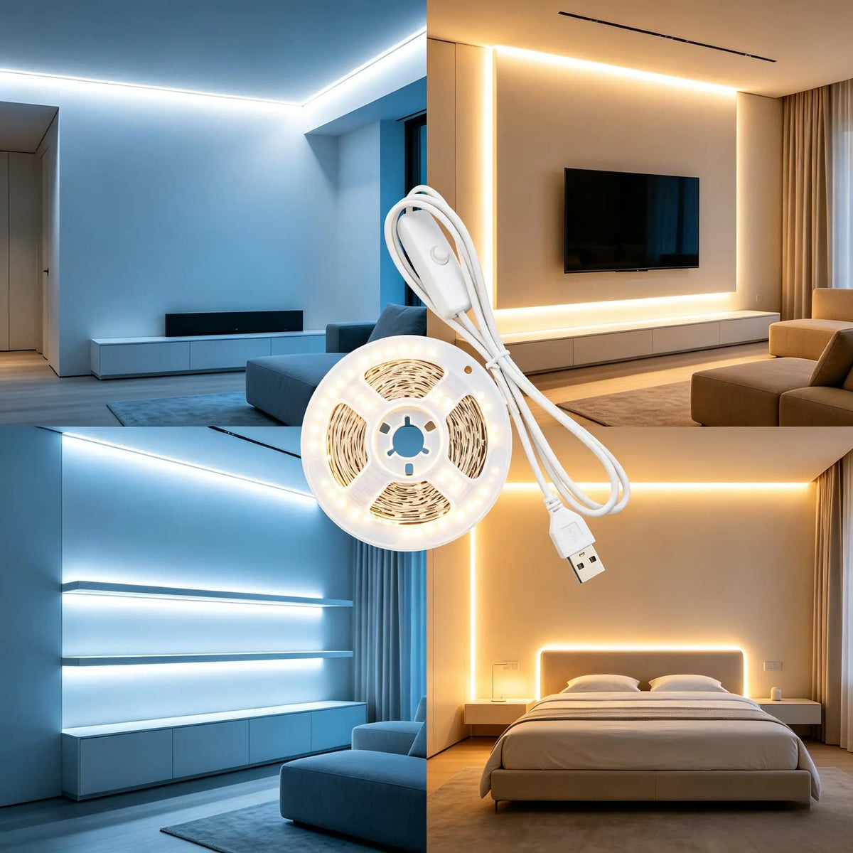 A modern bedroom interior featuring a dual-color USB LED light strip mounted above the bed.